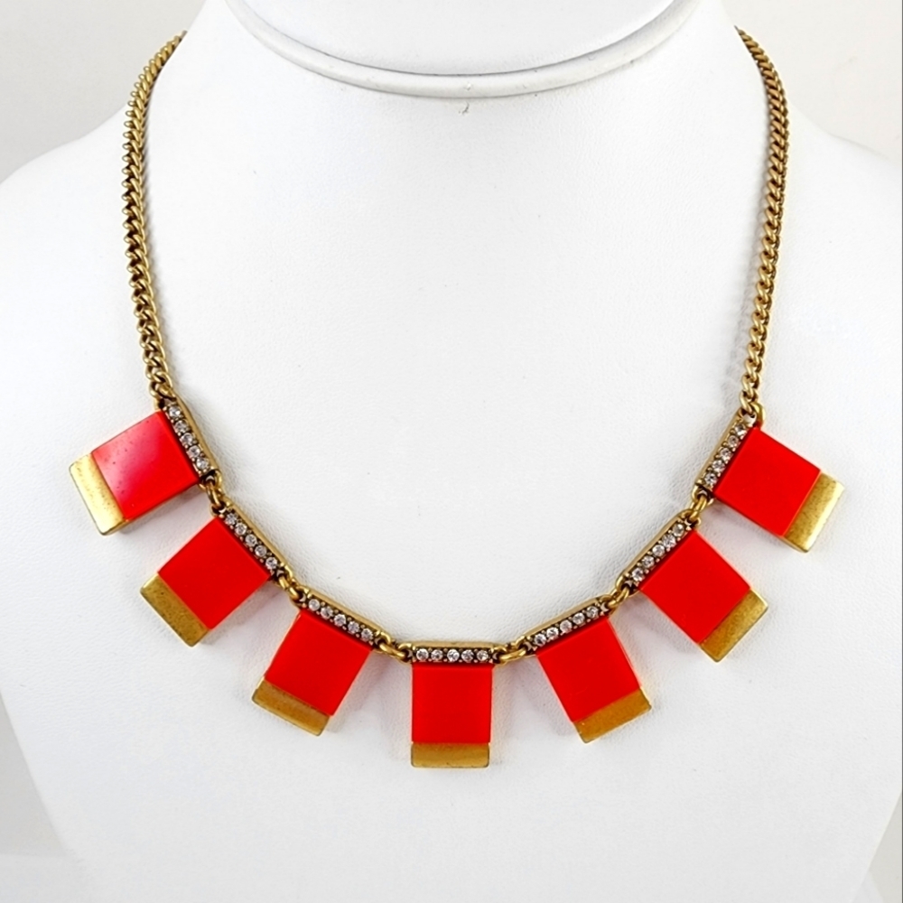 J. Crew art deco statement necklace with red orange pop color